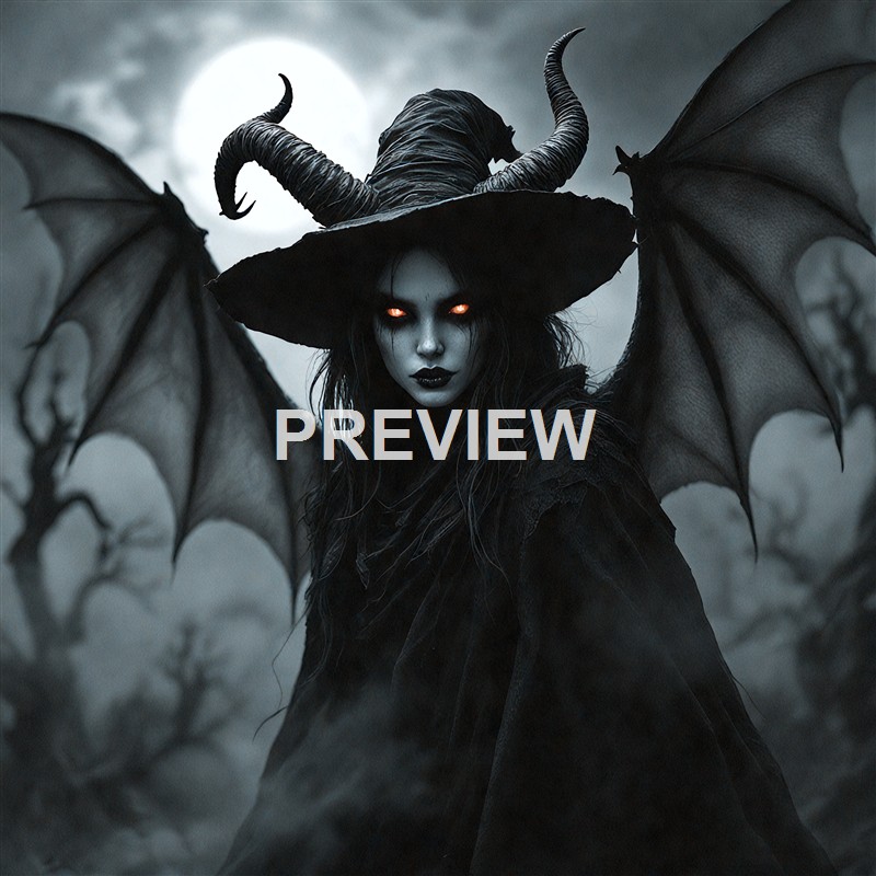 A dark, intimidating female demon with glowing eyes, large bat-like wings, and a wide-brimmed hat with ram horns, standing in a foggy, eerie forest under a full moon.